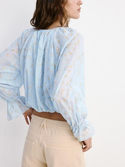 Mango Floral Long Sleeve Blouse, Blue - view 2, Blue