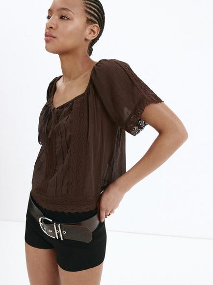 Mango Lace Trim Cotton Blouse, Brown, Brown