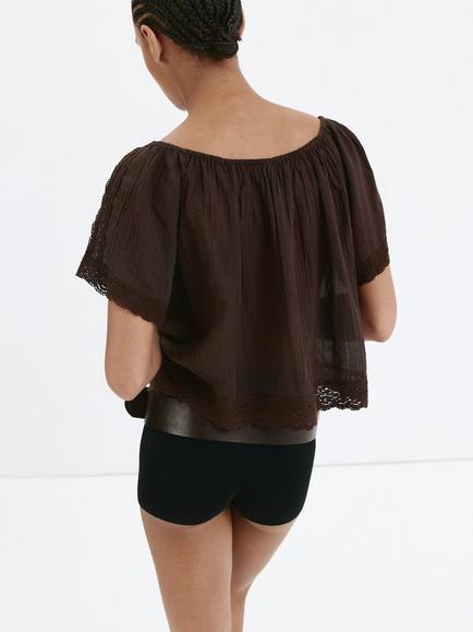 Mango Lace Trim Cotton Blouse, Brown - view 2, Brown
