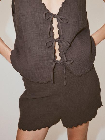 Mango Cotton Scallop Trim Tie Front Blouse, Chocolate, Chocolate