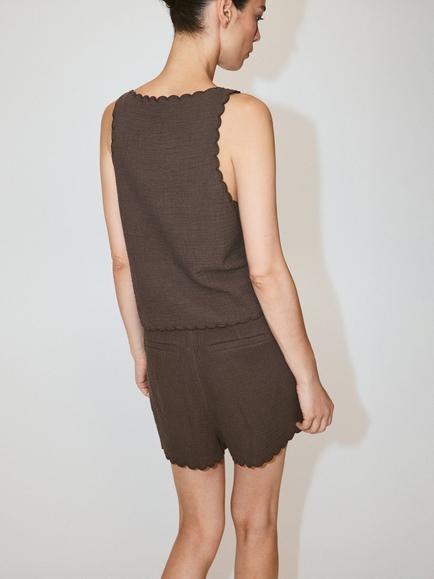 Mango Cotton Scallop Trim Tie Front Blouse, Chocolate - view 2, Chocolate