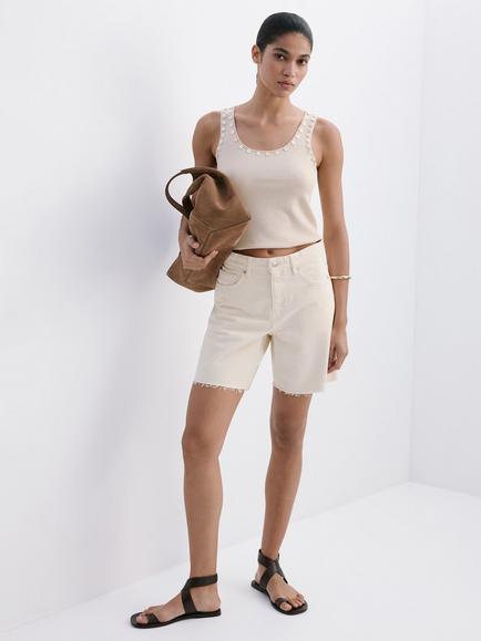 Mango Low Rise Frayed Hem Denim Shorts, Raw, Raw