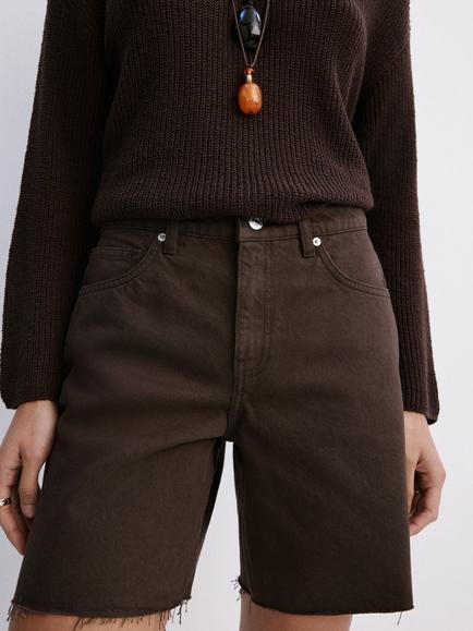 Mango Mid Rise Frayed Hem Denim Shorts, Chocolate, Chocolate
