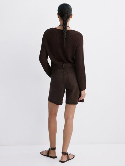 Mango Mid Rise Frayed Hem Denim Shorts, Chocolate - view 2, Chocolate