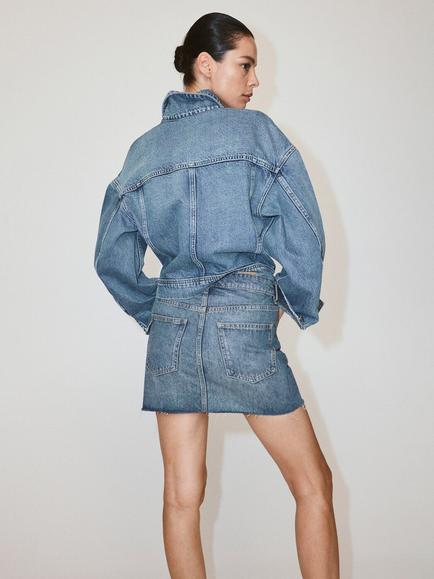 Mango Frayed Hem Denim A-Line Mini Skirt, Blue - view 2, Blue