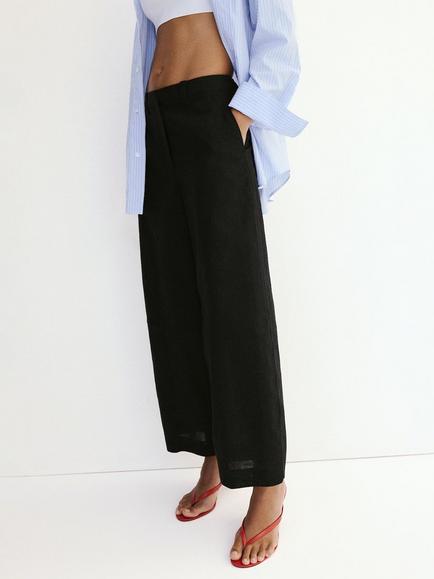 Mango Linen Rich Wide Leg Culotte Trousers, Black, Black