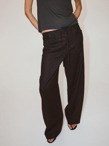 Mango Linen Wide Leg Trousers, Brown, Chocolate
