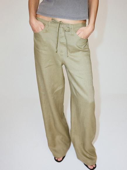 Mango Linen Wide Leg Trousers, Khaki, Khaki
