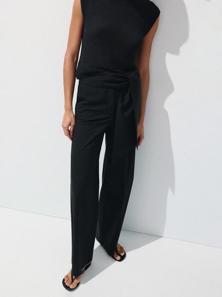 Mango High Rise Sash Belt Wide Leg Trousers, Black, Black
