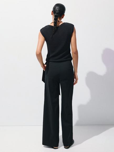 Mango High Rise Sash Belt Wide Leg Trousers, Black - view 2, Black