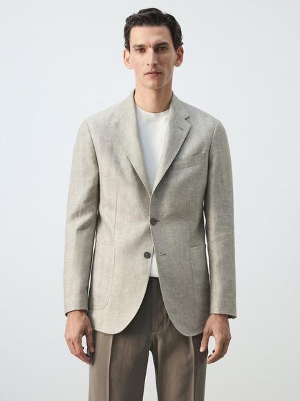 Mango Americana Linen Slim Fit Jacket, Cream, Cream