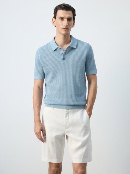 Mango Pointelle Short Sleeve Polo Shirt, Aqua