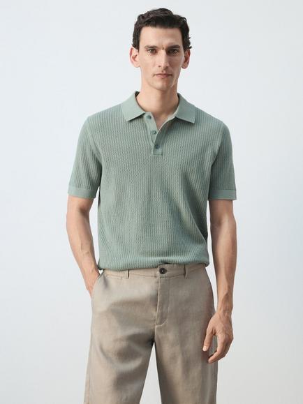 Mango Pointelle Short Sleeve Polo Shirt, Emerald
