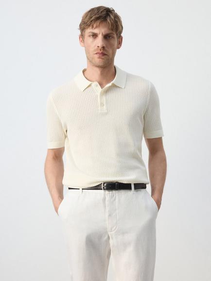 Mango Pointelle Short Sleeve Polo Shirt, Cream