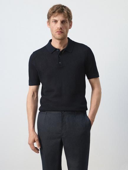 Mango Pointelle Short Sleeve Polo Shirt, Navy