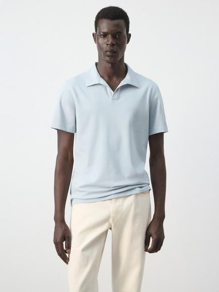 Mango Open Neck Polo Shirt, Sky Blue