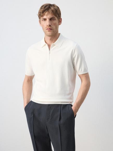 Mango Zip Neck Short Sleeve Polo Shirt, Off White