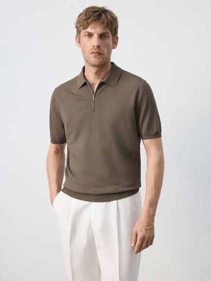 Mango Zip Neck Short Sleeve Polo Shirt, Taupe