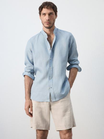 Mango Long Sleeve Mandarin Collar Linen Shirt, China Blue, China Blue