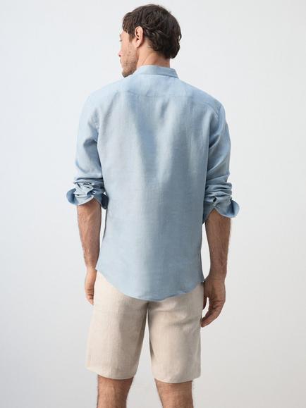 Mango Long Sleeve Mandarin Collar Linen Shirt, China Blue - view 2, China Blue