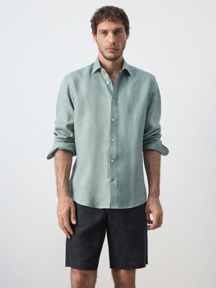 Mango Regular Fit Linen Shirt, Emerald, Emerald
