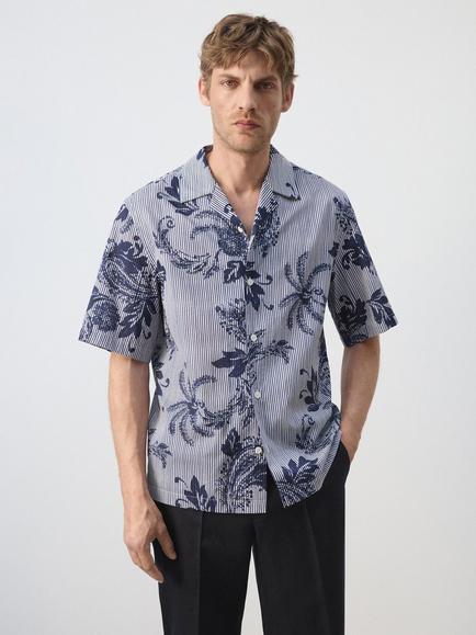 Mango Floral Cotton Regular Fit Short Sleeve Shirt, Ink, Ink