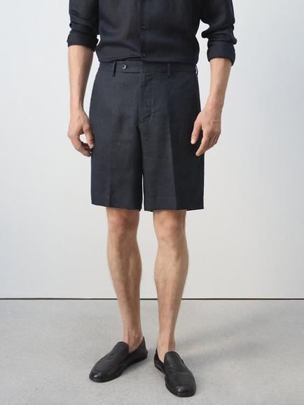 Mango Tailored Linen Shorts, Navy, Navy