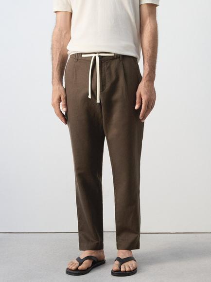 Mango Linen Blend Trousers, Chocolate, Chocolate