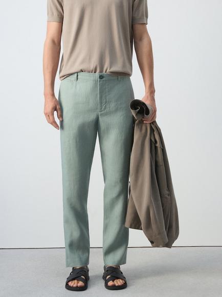Mango Tailored Mid Rise Linen Trousers, Emerald, Emerald