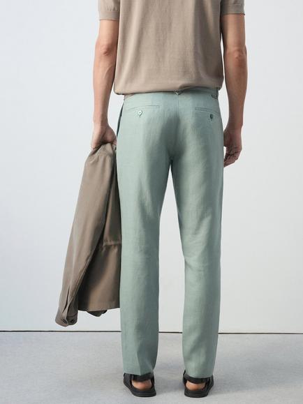 Mango Tailored Mid Rise Linen Trousers, Emerald - view 2, Emerald