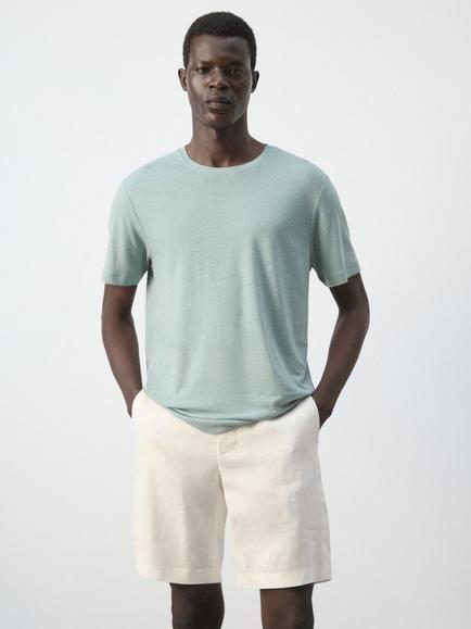 Mango Linen Rich Crew Neck T-Shirt, Sky Blue, Emerald