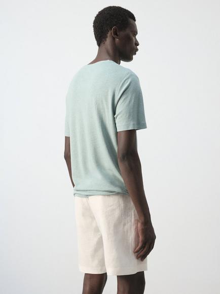 Mango Linen Rich Crew Neck T-Shirt, Sky Blue - view 2, Emerald