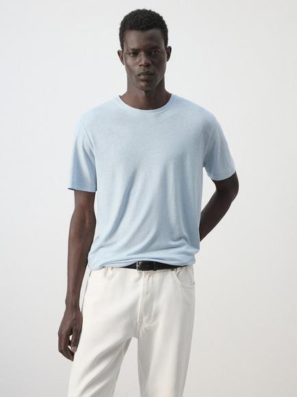 Mango Linen Rich Crew Neck T-Shirt, Sky Blue, Sky Blue