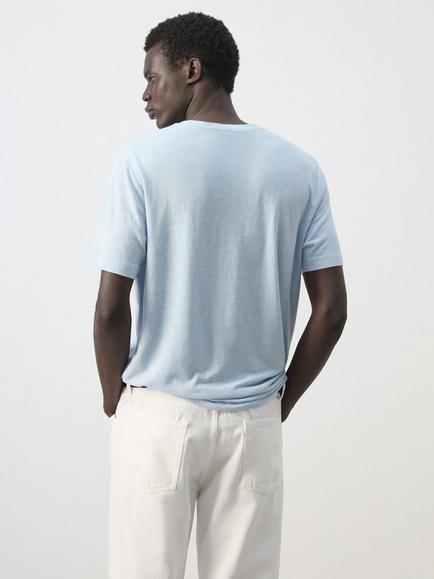 Mango Linen Rich Crew Neck T-Shirt, Sky Blue - view 2, Sky Blue