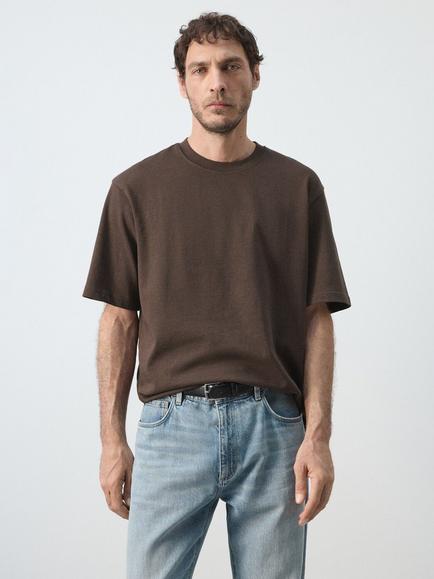 Mango Regular Fit Cotton Crew Neck T-Shirt, Brown