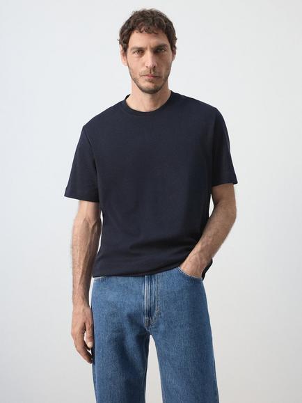 Mango Cotton Crew Neck T-Shirt, Navy