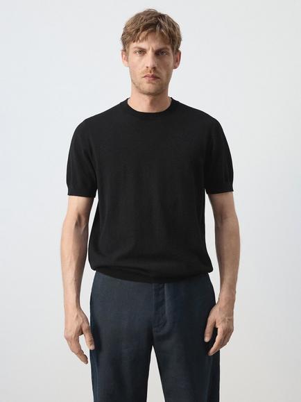 Mango Crew Neck Cotton T-Shirt, Black, Black