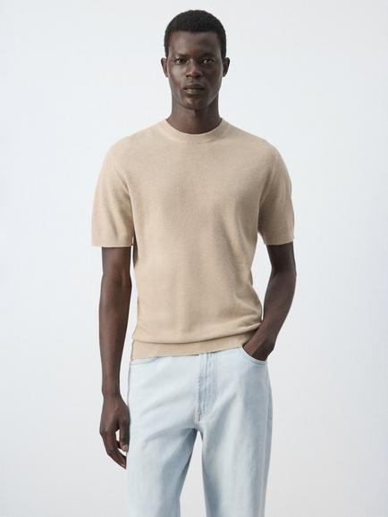 Mango Fine Knit Crew Neck T-Shirt, Beige, Beige