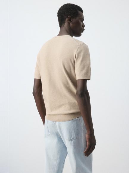 Mango Fine Knit Crew Neck T-Shirt, Beige - view 2, Beige