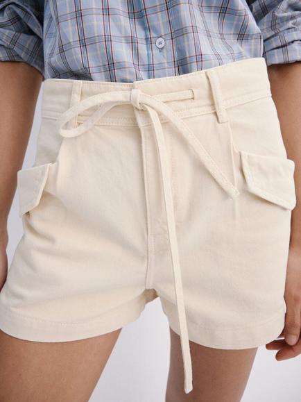 Mango High Rise Cotton Denim Cargo Shorts, Raw, Raw