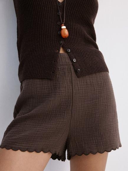 Mango Cotton Scallop Hem Shorts, Chocolate, Chocolate