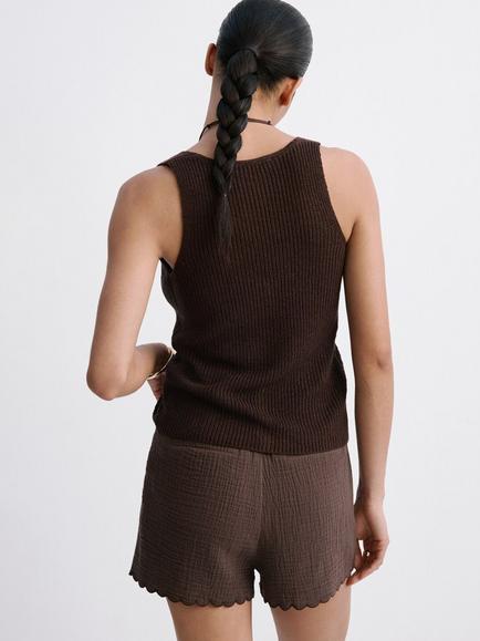 Mango Cotton Scallop Hem Shorts, Chocolate - view 2, Chocolate