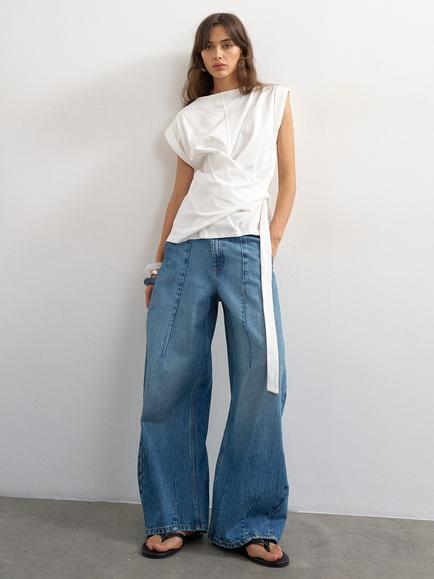 Topshop Horseshoe Mid Rise Barrel Leg Jeans, Mid Blue, Mid Blue