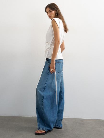 Topshop Horseshoe Mid Rise Barrel Leg Jeans, Mid Blue - view 2, Mid Blue