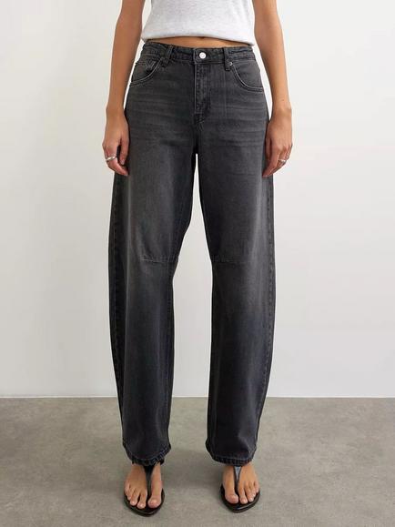 Topshop Petite Mid Rise Barrel Leg Jeans, Washed Black, Washed Black