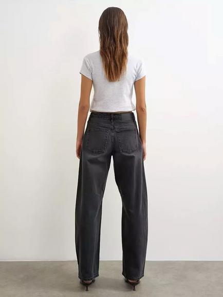 Topshop Petite Mid Rise Barrel Leg Jeans, Washed Black - view 2, Washed Black