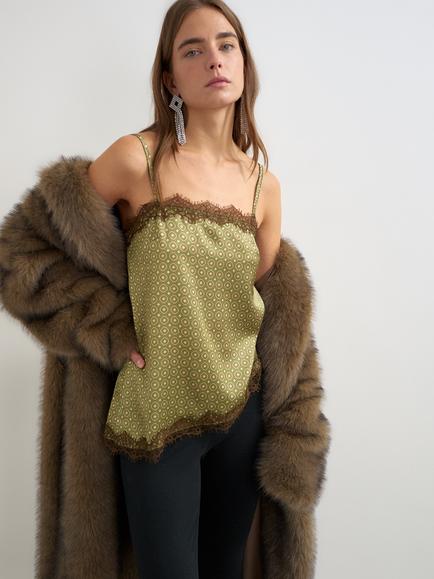 Topshop Geo Print Lace Trim Cami Top, Green, Green