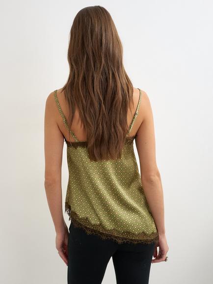 Topshop Geo Print Lace Trim Cami Top, Green - view 2, Green