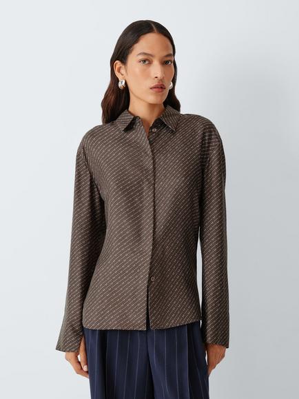 MM by MaxMara Farea Silk Logo Blouse, Dark Brown, Dark Brown