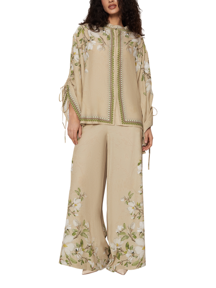 Raishma Hilda Floral Print Wide Leg Trousers, Beige, Beige